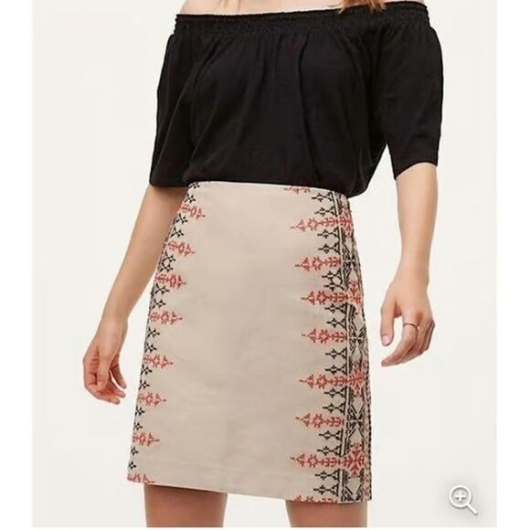 Loft Tan Embroidered Aztec Cotton Linen Mini Pencil Skirt Cross Stitch Size 8 - Picture 1 of 9
